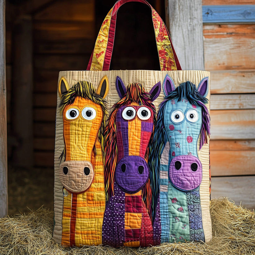 Whimsical Three Horses Quilted Tote Bag – Colorful Patchwork Art