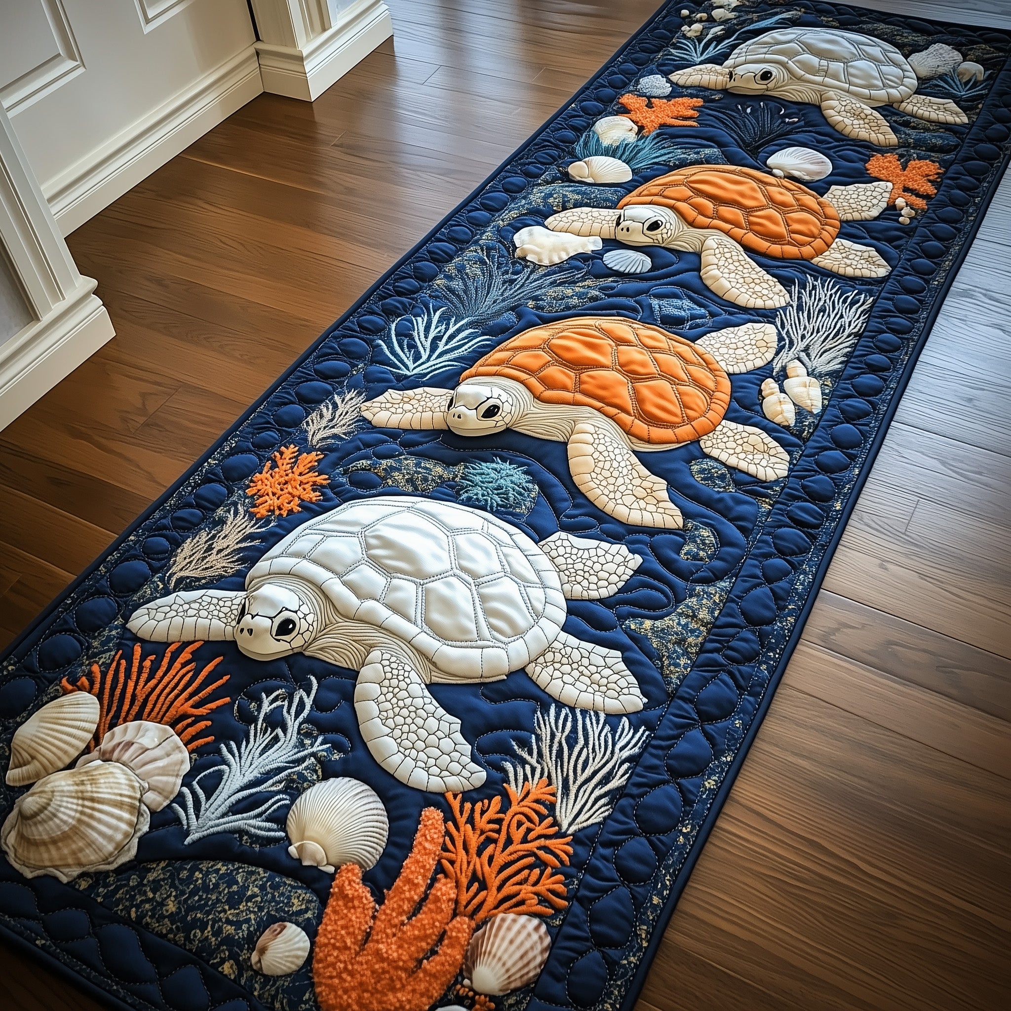 Coastal Wave & Sea Turtle Hallway Quilted  Runner Rug