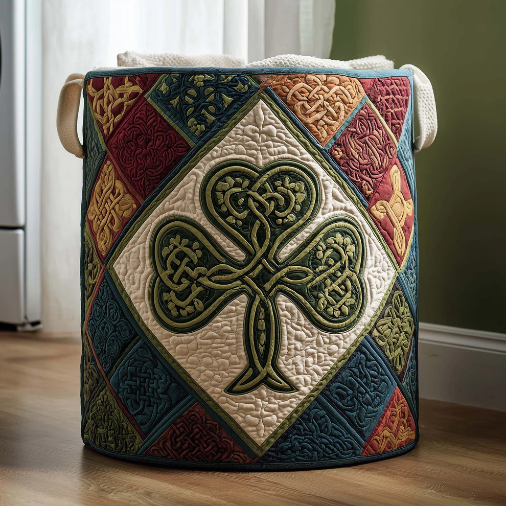 Rustic Patchwork & Folk Art Style Clover Quilted Laundry Basket with Large Four-Leaf Clover & Colorful Checkered Clover Patterns | Clover