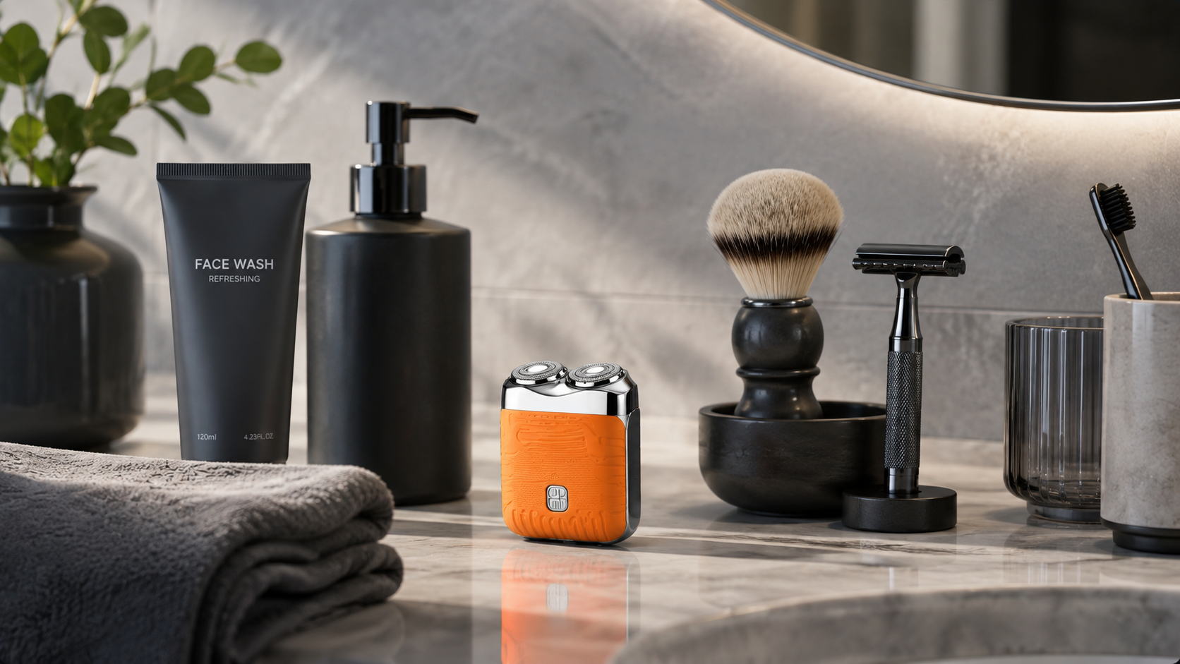 Suggested image: clean bathroom-counter lifestyle photo showing the compact shaver as part of a simple daily grooming setup
