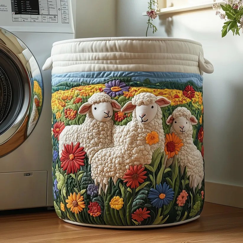 Floral Sheep Quilted Laundry Basket 