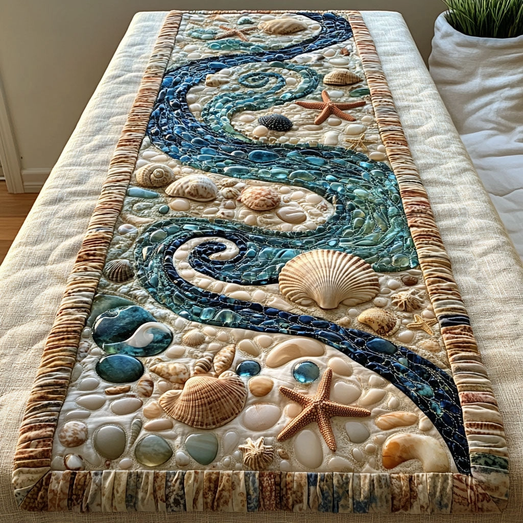Coastal Seashell Waves Quilted Table Runner 🌊🐚✨