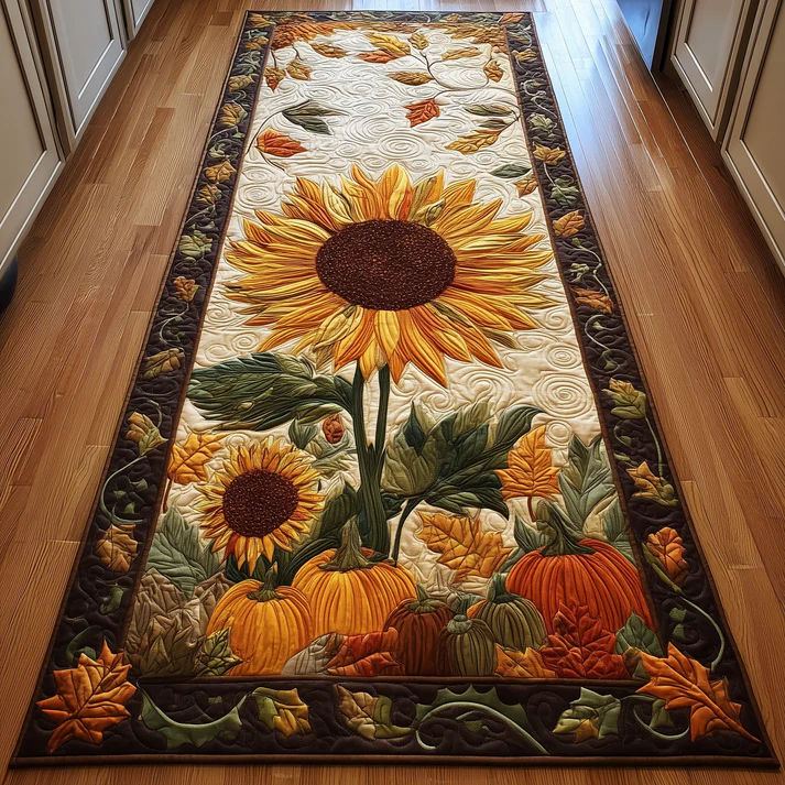 Natural Rustic Style Wild Sunflower & Organic Pumpkin Pattern Golden Bloom Runner Rug with 3D Quilted Texture & Country Decor |