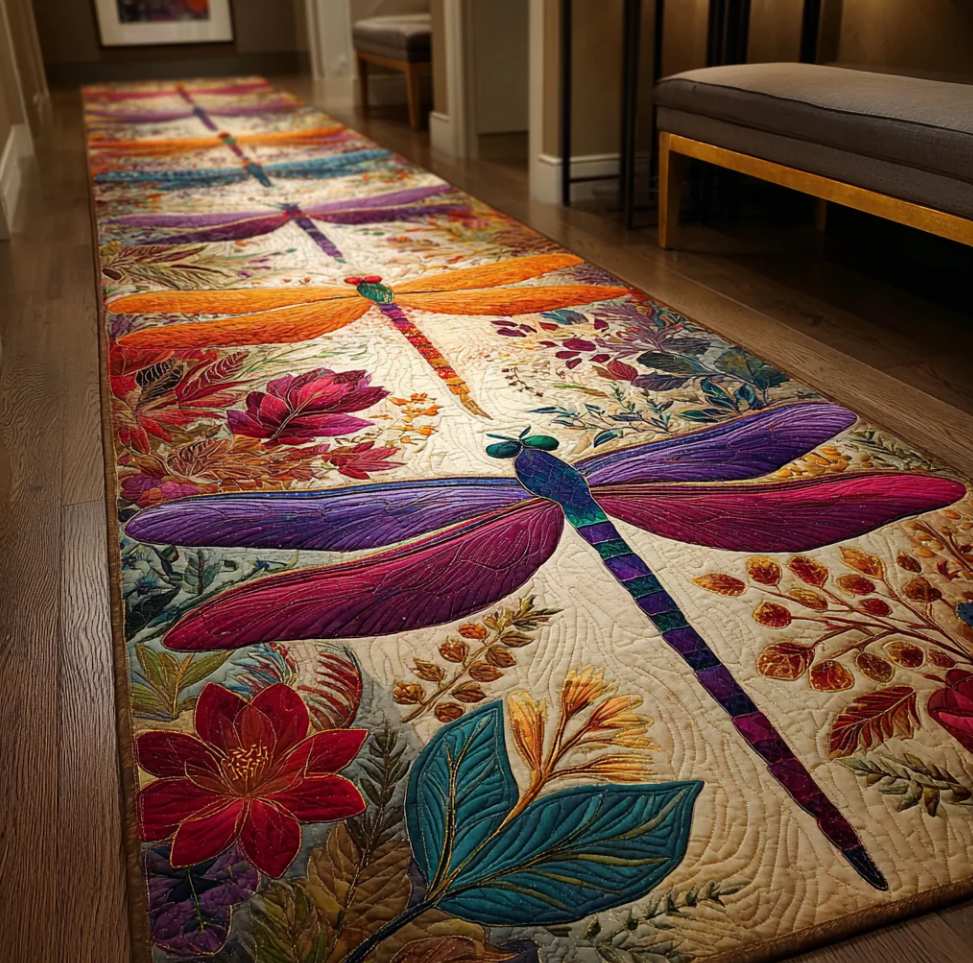Whimsical 3D Visual Runner Carpet with Dragonfly Dragon Fishing Pawprint Themed Pattern Non-Slip Wear-Resistant Fabric Mat for Hallway Decoration