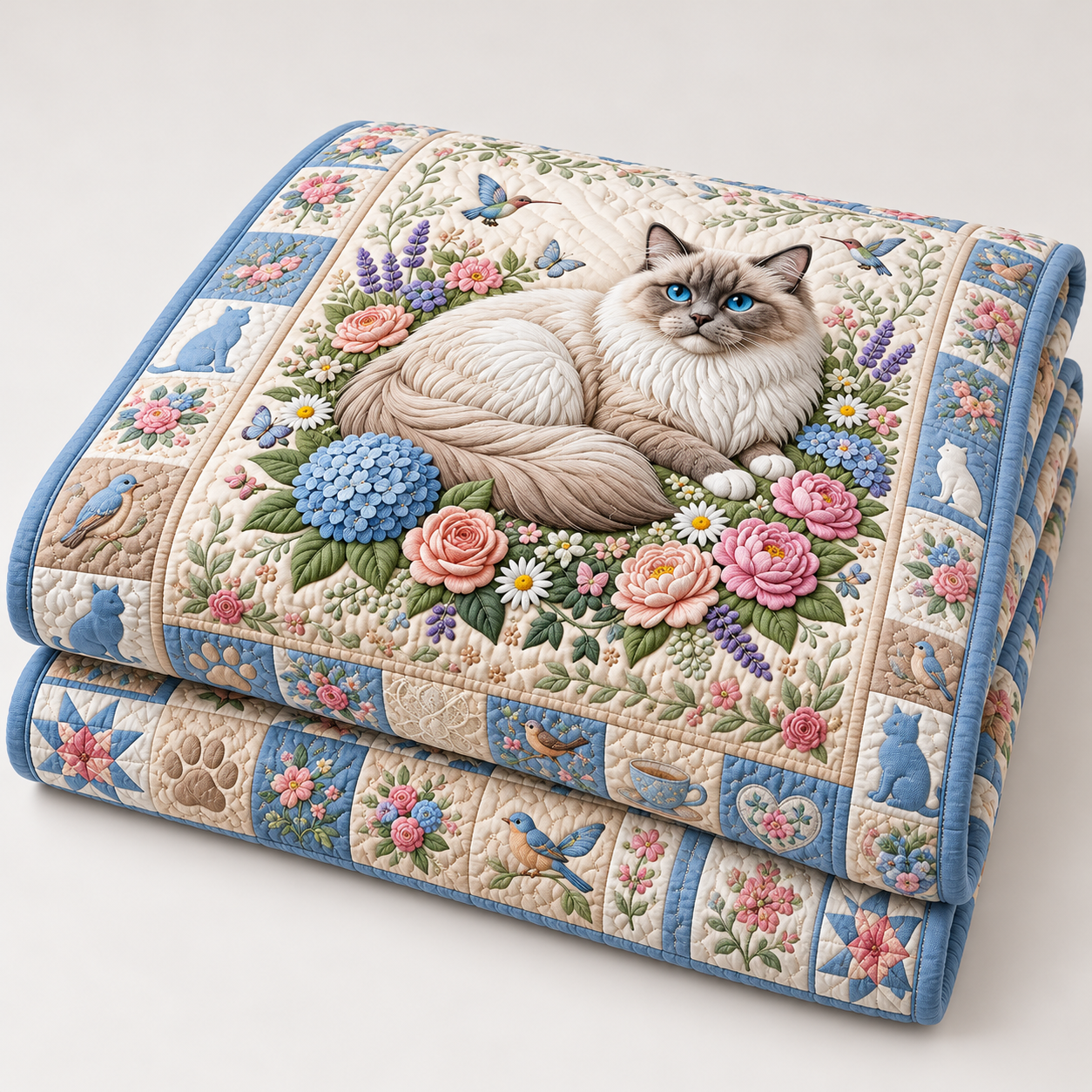 Ragdoll Cat Floral Patchwork Quilt Bedding Set, 3 Pieces