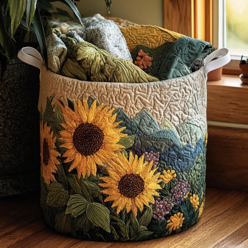 Vivid Sunflower Floral Pattern Quilted Laundry Basket Eco-Friendly Machine Washable Storage Bin for Home Farmhouse Living Room Decor | Sunflower