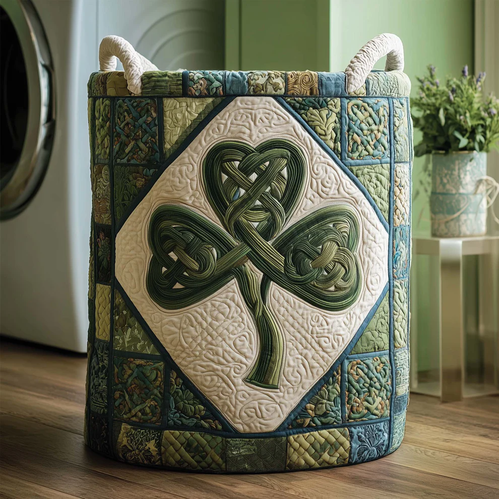 Rustic Patchwork & Folk Art Style Clover Quilted Laundry Basket with Large Four-Leaf Clover & Colorful Checkered Clover Patterns | Clover