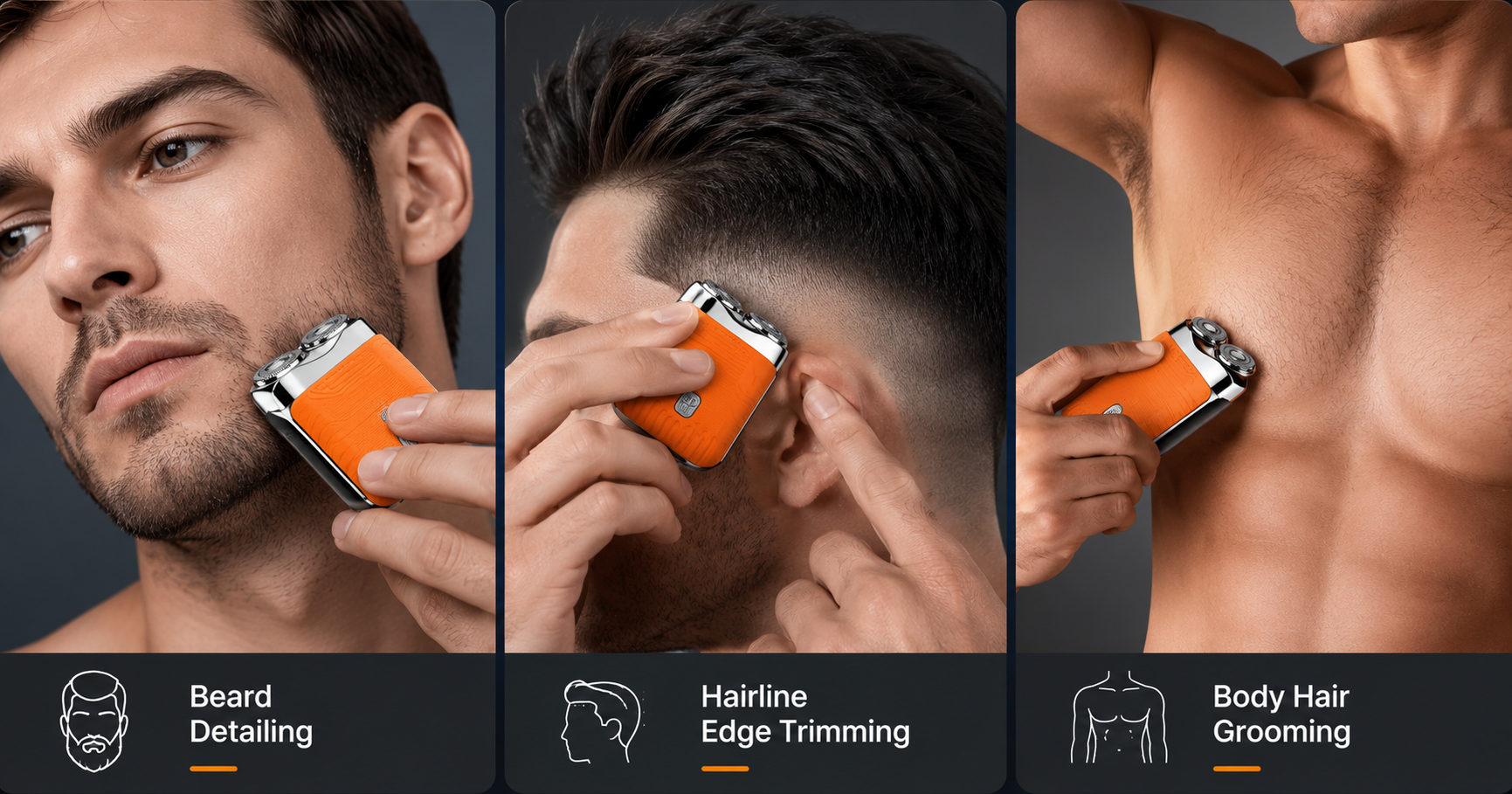Suggested image: three-panel grooming graphic showing beard touch-up, hairline cleanup, and general body-hair trimming use cases