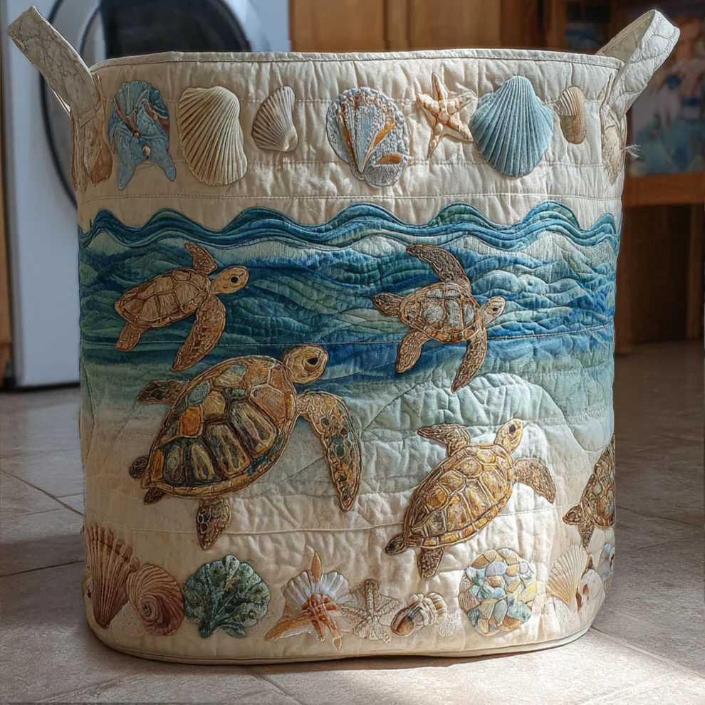 Turtle and Ocean Quilted Laundry Basket