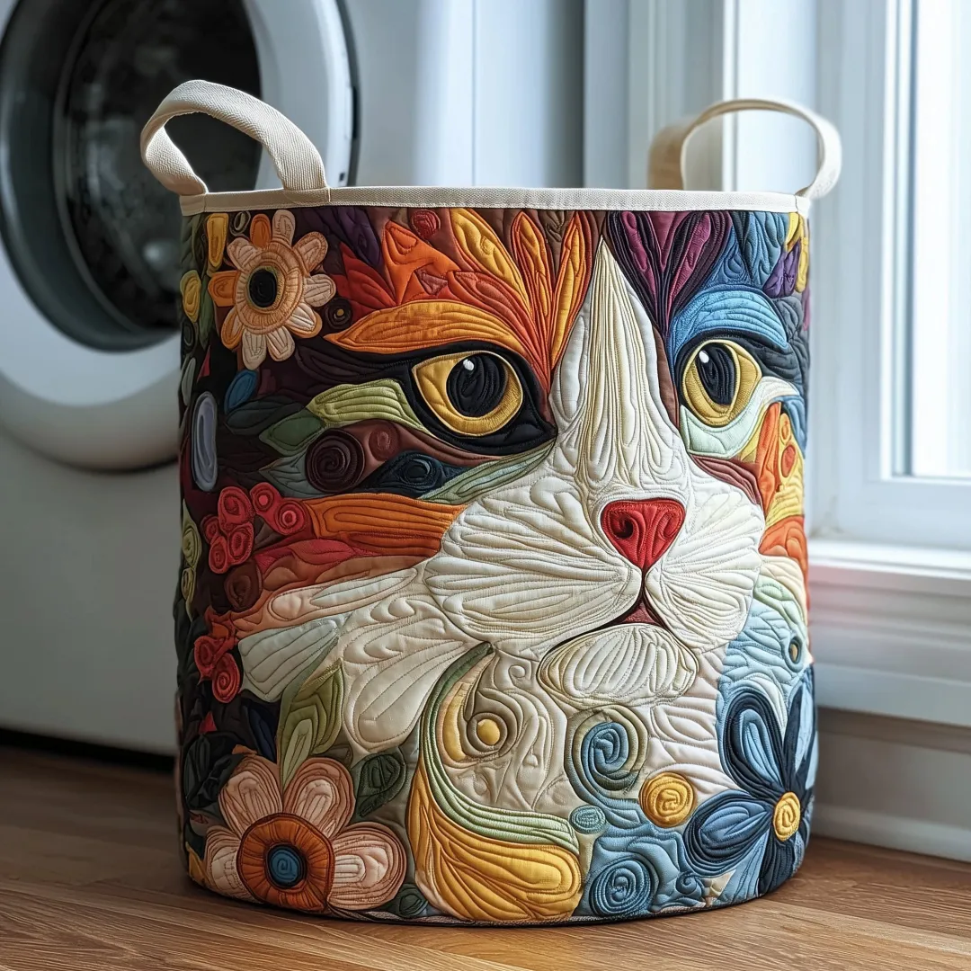 Catitude Quilted Laundry Basket, Large Capacity Round Hamper with Vibrant Artistic Cat Face & Floral Print