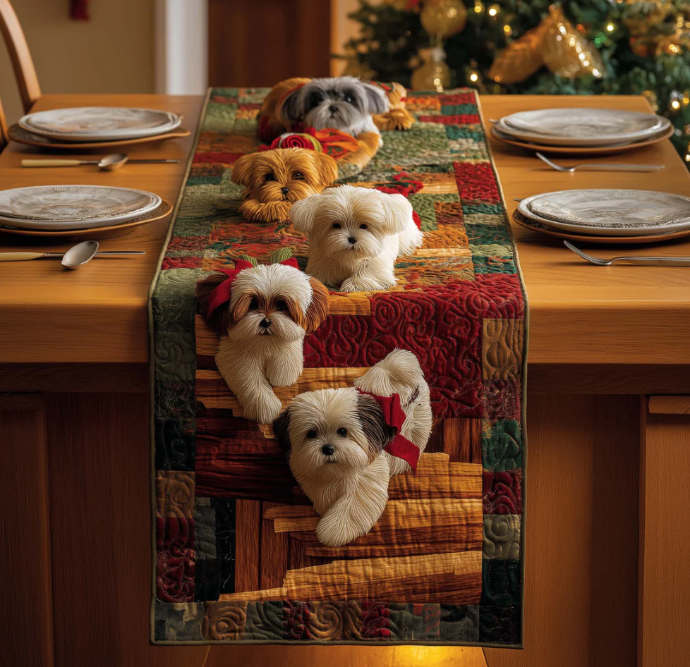 Puppy Cascade Quilted Table Runner Cute Puppy Parade Pattern Dining Table Flag for Home Decor | Dog