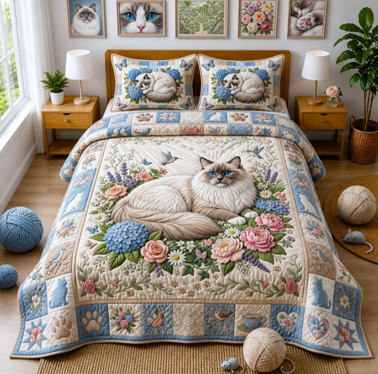 Ragdoll Cat Floral Patchwork Quilt Bedding Set, 3 Pieces