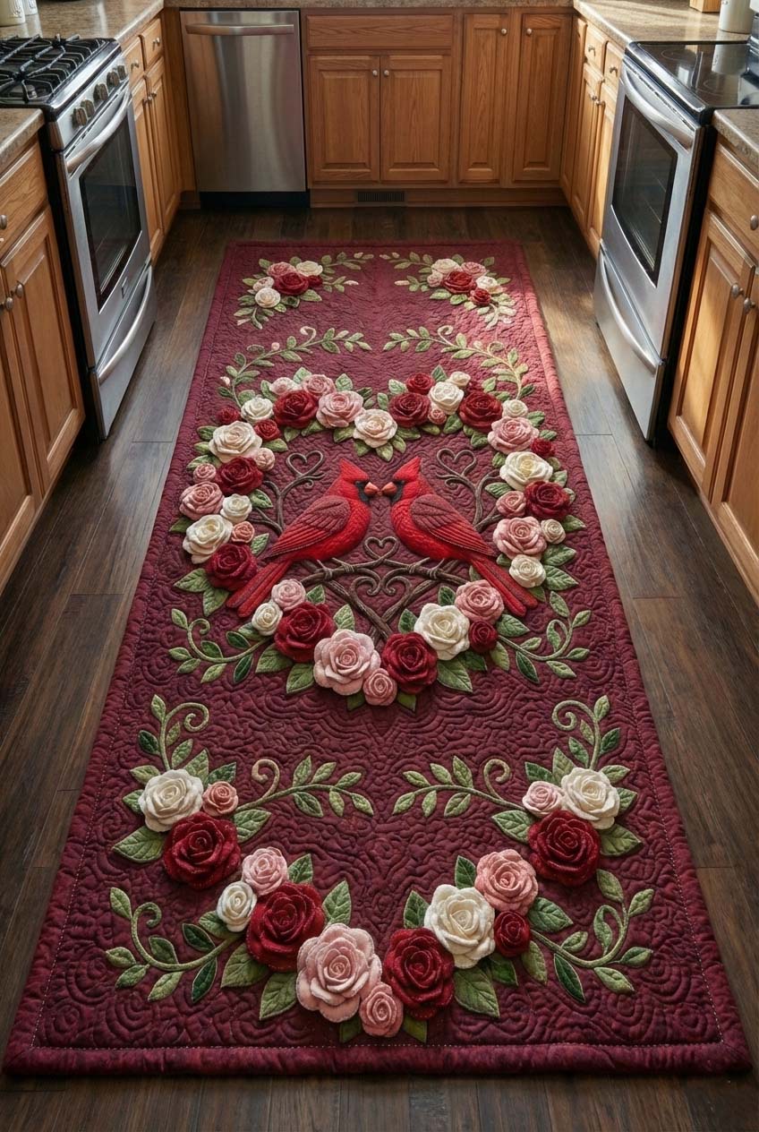 Rustic  Style Love Cardinal & Pastoral Hills Pattern Quilted Runner Rug with Charming Country Decor | Love Cardinal
