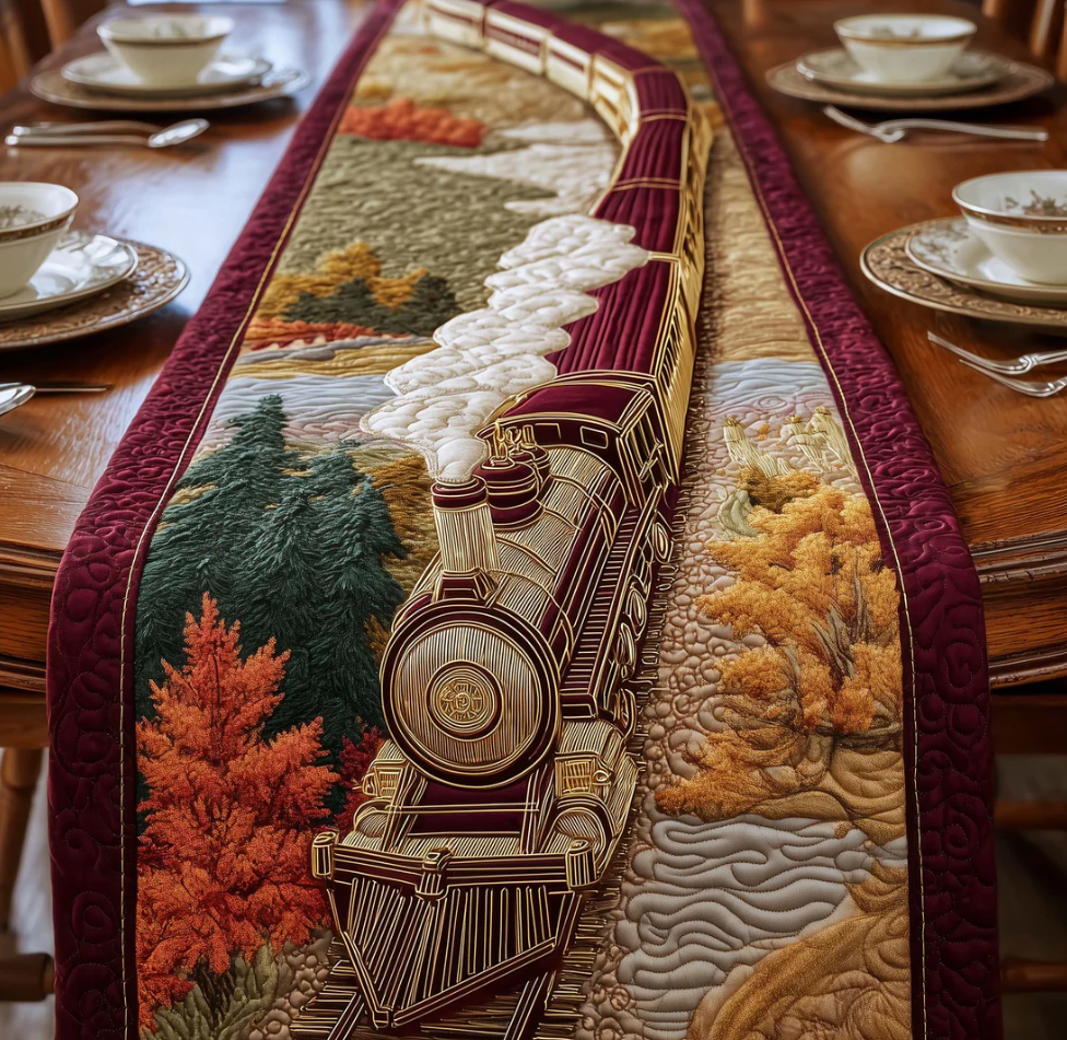 Autumnal Golden Steam Train Pattern Eco-Friendly Quilted Table Runner | Train