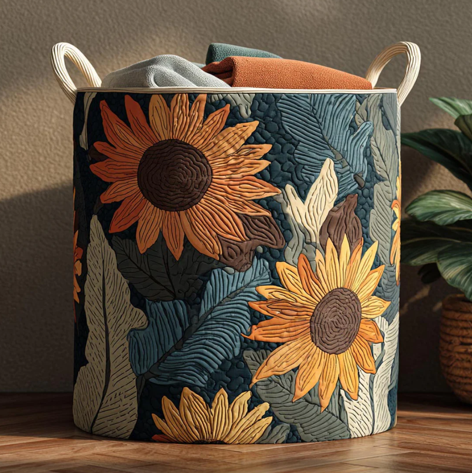 Vivid Sunflower Floral Pattern Quilted Laundry Basket Eco-Friendly Machine Washable Storage Bin for Home Farmhouse Living Room Decor | Sunflower