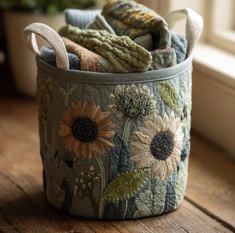 Vivid Sunflower Floral Pattern Quilted Laundry Basket Eco-Friendly Machine Washable Storage Bin for Home Farmhouse Living Room Decor | Sunflower