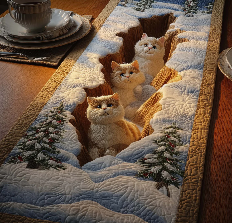 Silent Cats Quilted Table Runner Snowy Forest Cat Family Pattern Dining Table Flag for Home Decor | Cat