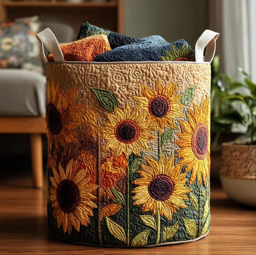 Vivid Sunflower Floral Pattern Quilted Laundry Basket Eco-Friendly Machine Washable Storage Bin for Home Farmhouse Living Room Decor | Sunflower