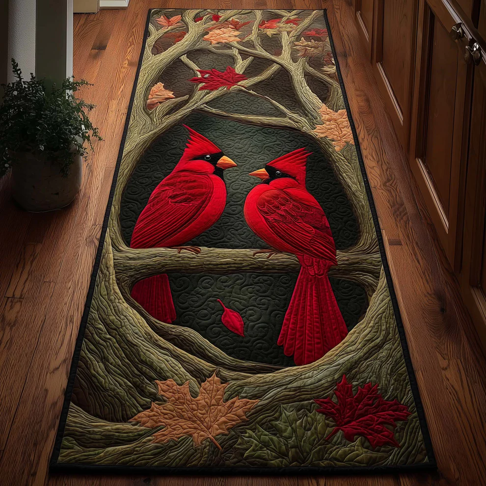 Rustic  Style Love Cardinal & Pastoral Hills Pattern Quilted Runner Rug with Charming Country Decor | Love Cardinal