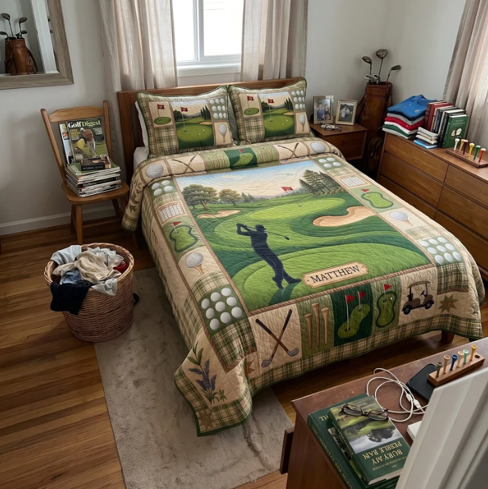 Golfer Golf Course 3-Piece Quilted Bedding Set