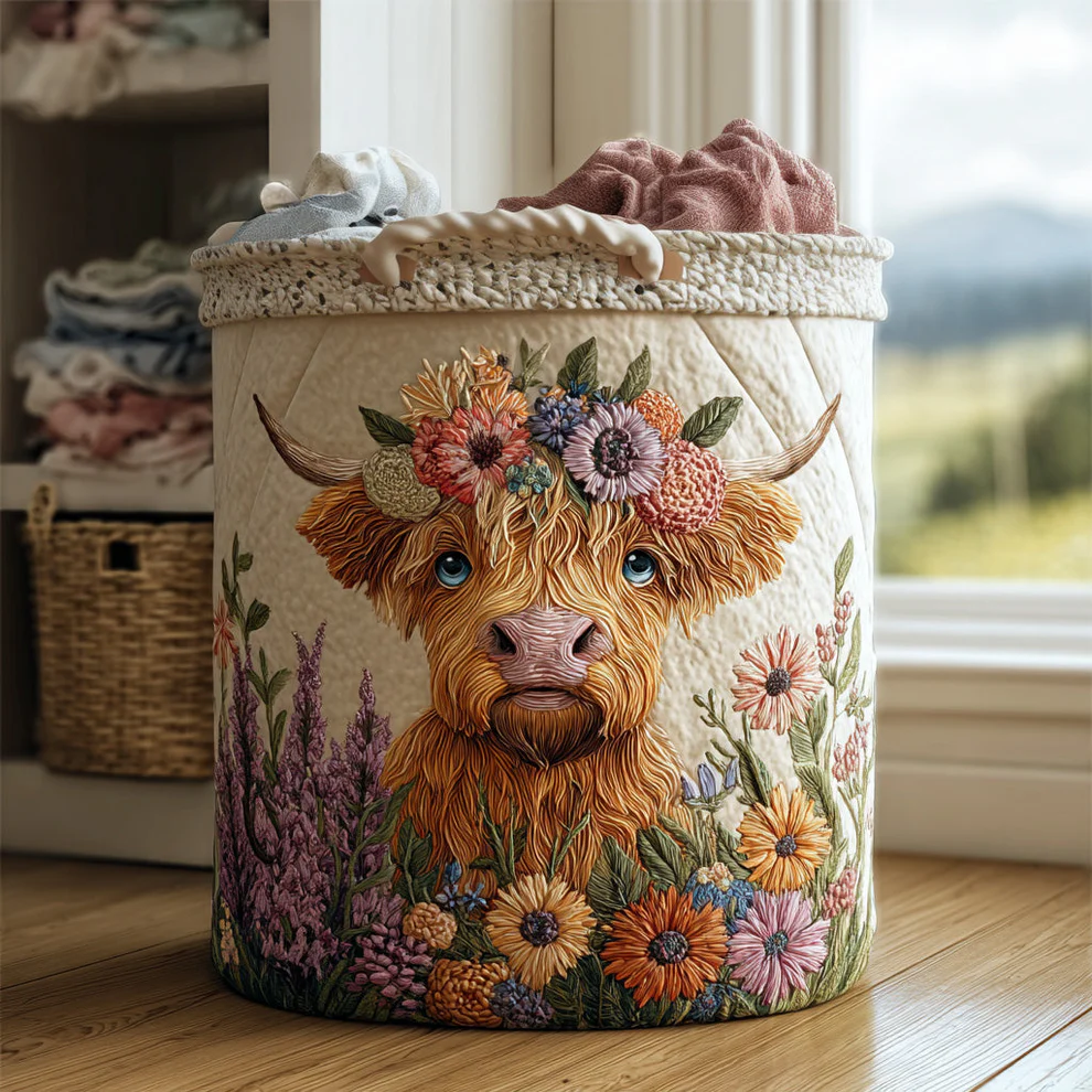 Highland Cattle Quilted Laundry Basket
