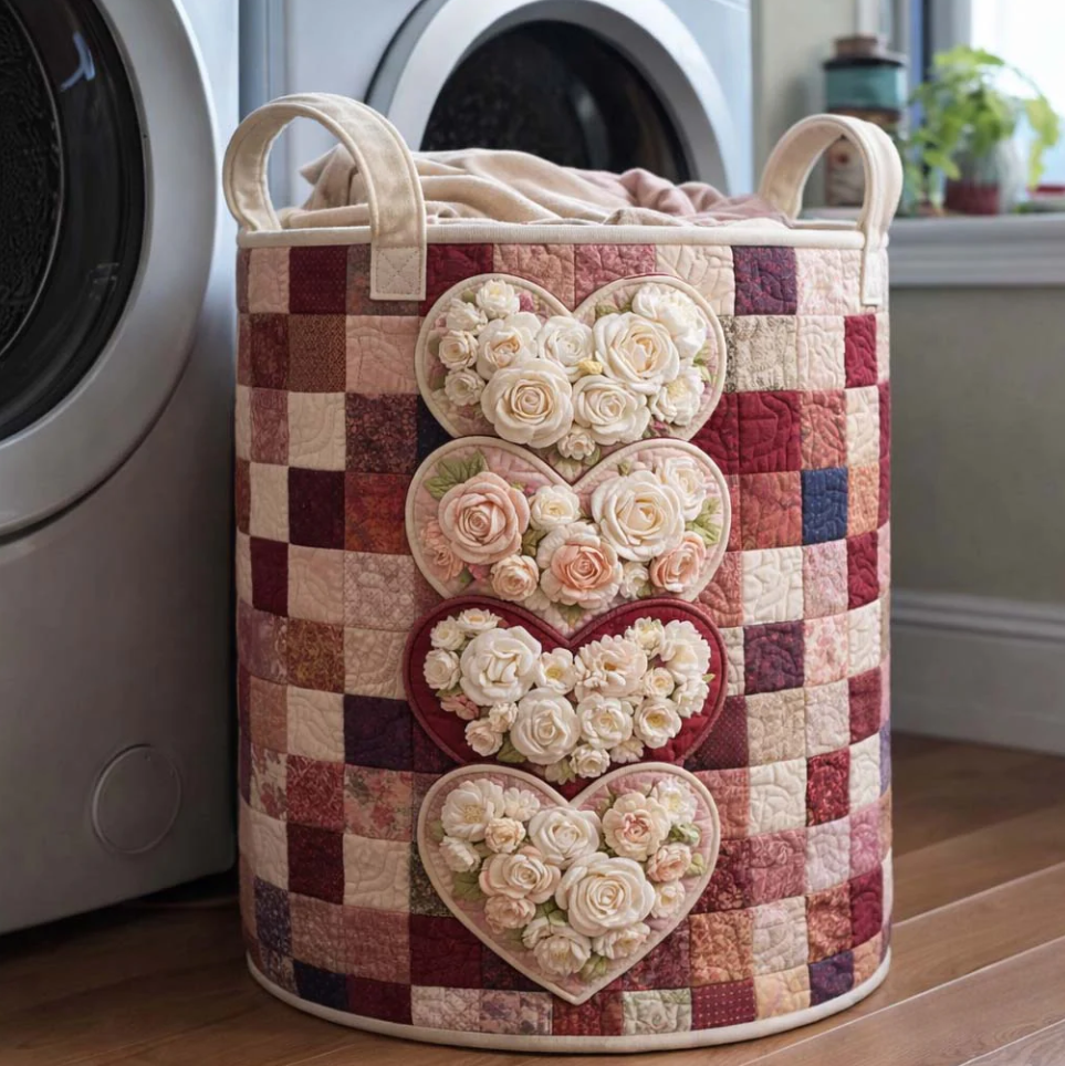Romantic Floral Heart Patchwork Pattern Quilted Laundry Basket Eco-Friendly Machine Washable Storage Organizer for Home Bedroom Decor | Heart