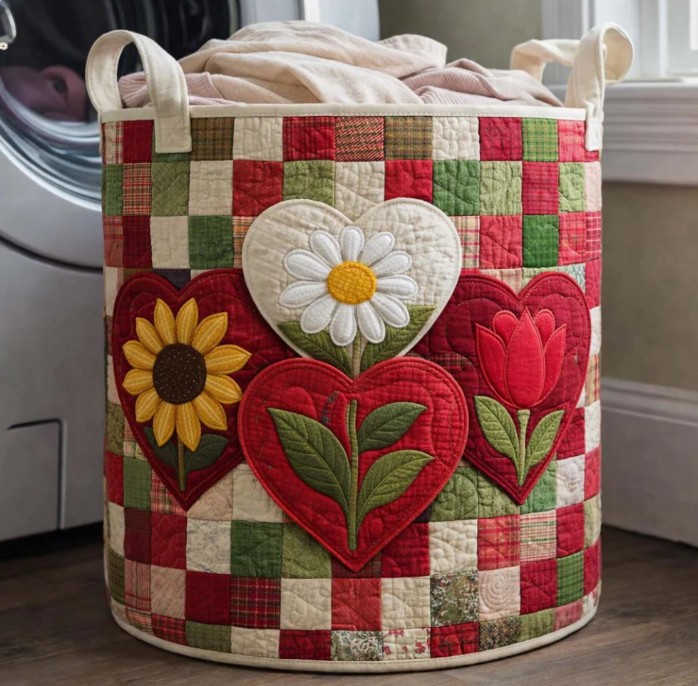 Romantic Floral Heart Patchwork Pattern Quilted Laundry Basket Eco-Friendly Machine Washable Storage Organizer for Home Bedroom Decor | Heart