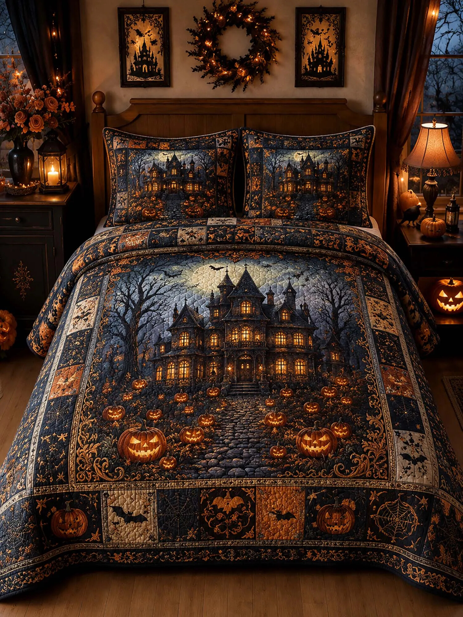Vintage Halloween Haunted House Quilt Pumpkin Bat Patchwork Bedspread
