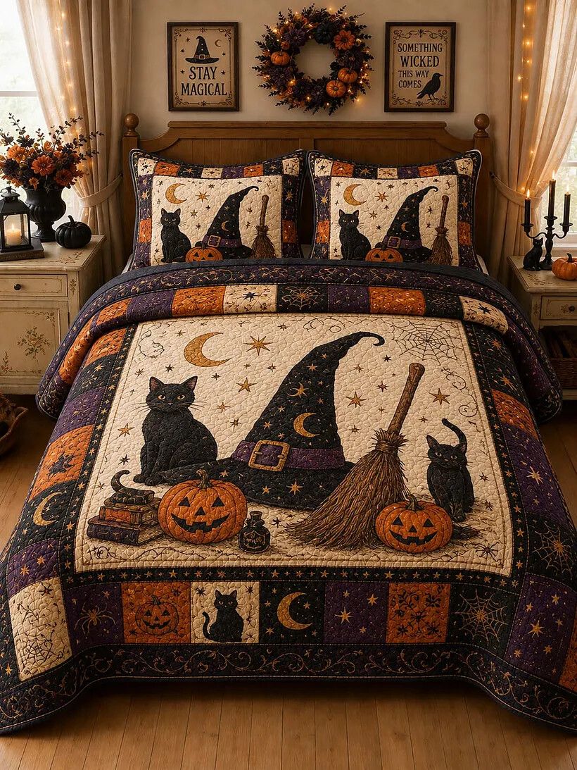Halloween Black Cat Pumpkin Quilt Vintage Fall Bedding Set