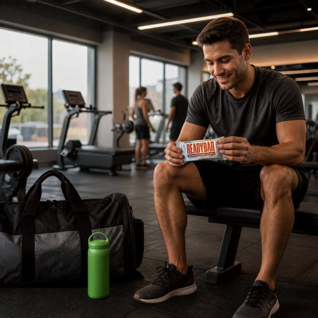 Man at the gym eating a READYBAR