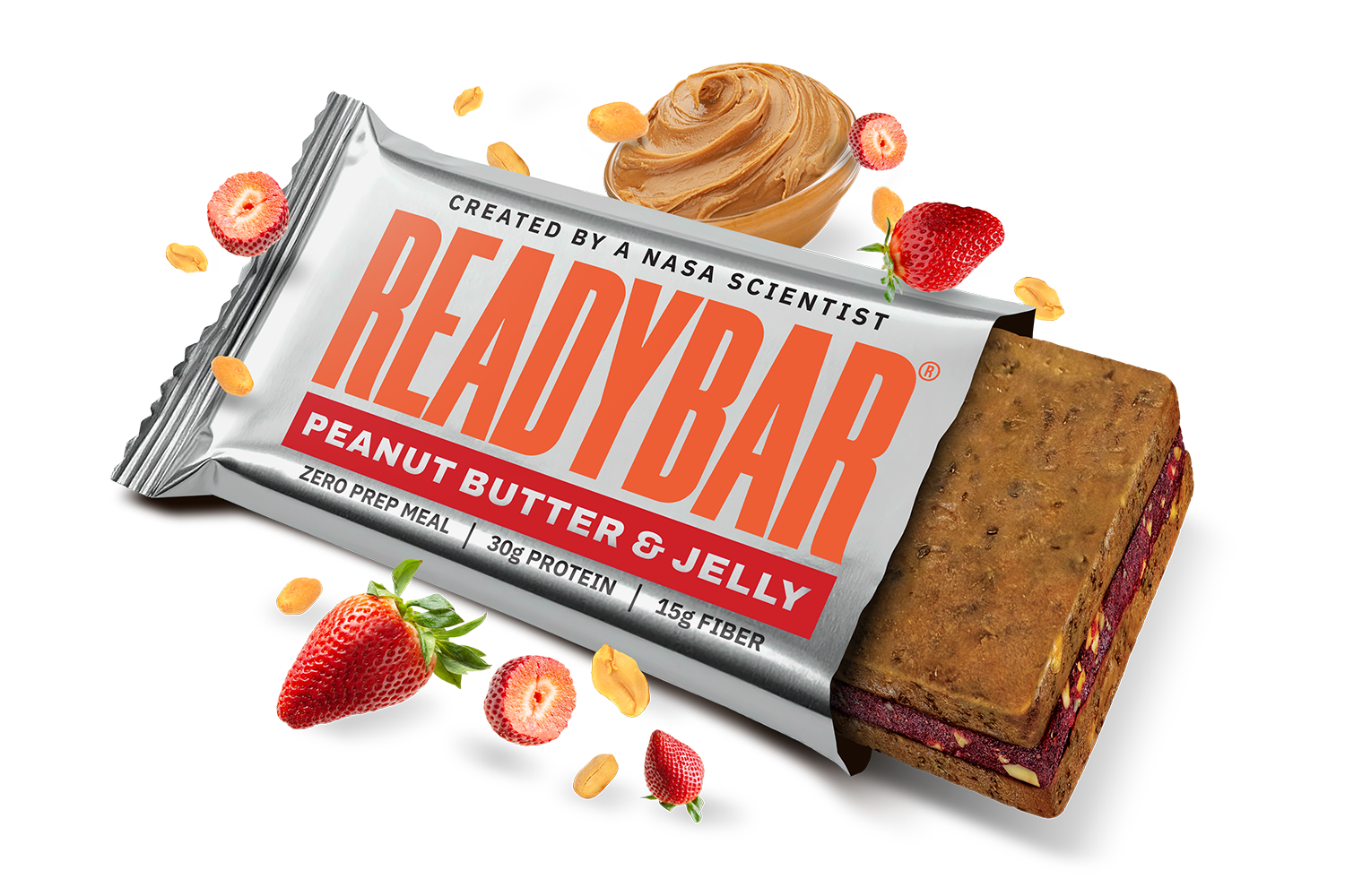 Opened READYBAR Peanut Butter & Jelly meal bar surrounded by fresh strawberries, peanuts, and a bowl of peanut butter.