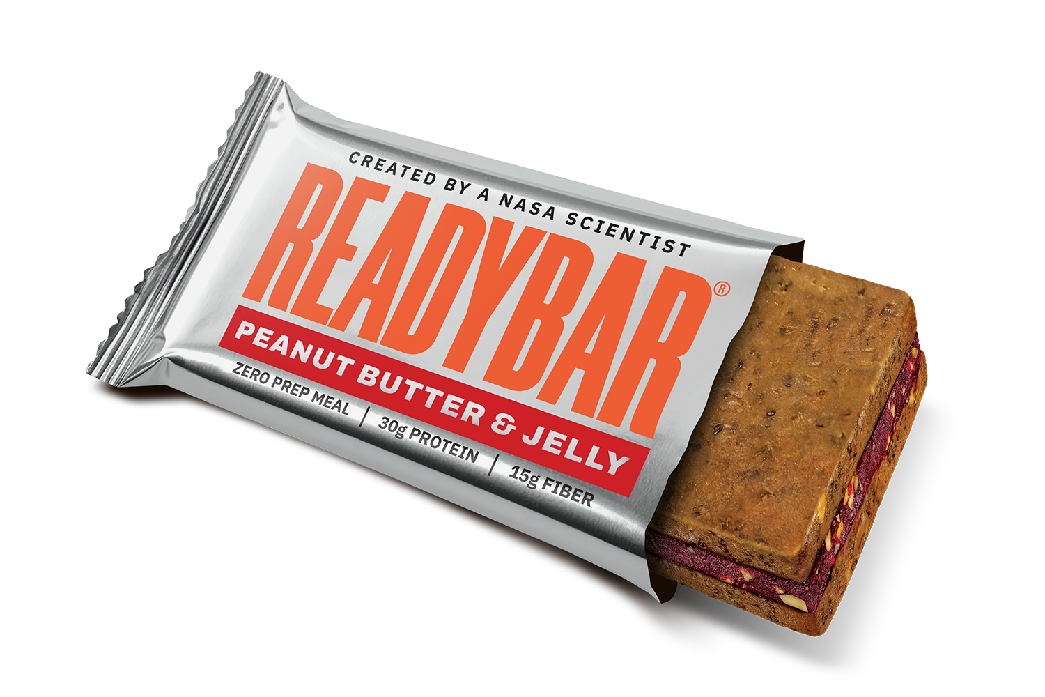 Opened READYBAR Peanut Butter & Jelly meal bar showing peanut butter layers and strawberry jelly filling. Wrapper reads created by a NASA scientist, zero prep meal, 30g protein, 15g fiber.