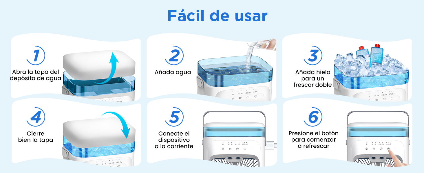 Le texte dit « Facile à utiliser ». Diagramme d'instructions étape par étape montrant les six étapes d'assemblage de ce qui semble être un produit bleu.