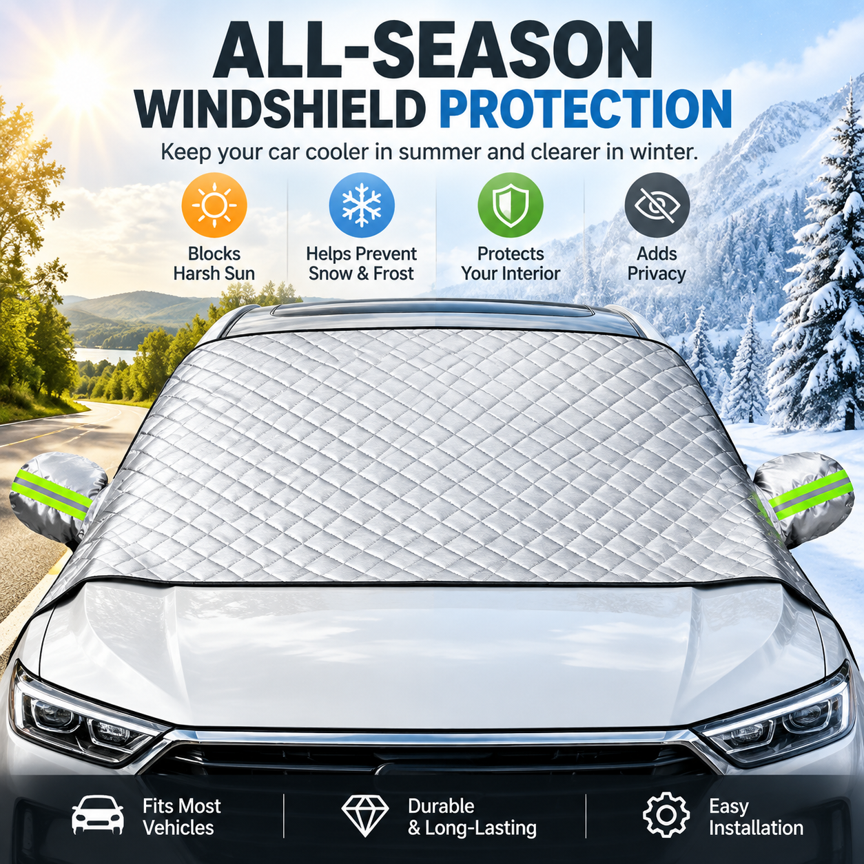 🚗 Magnetic Windshield Cover – All-Season Sun, Snow & Frost Protector For Cars, SUVs & Trucks