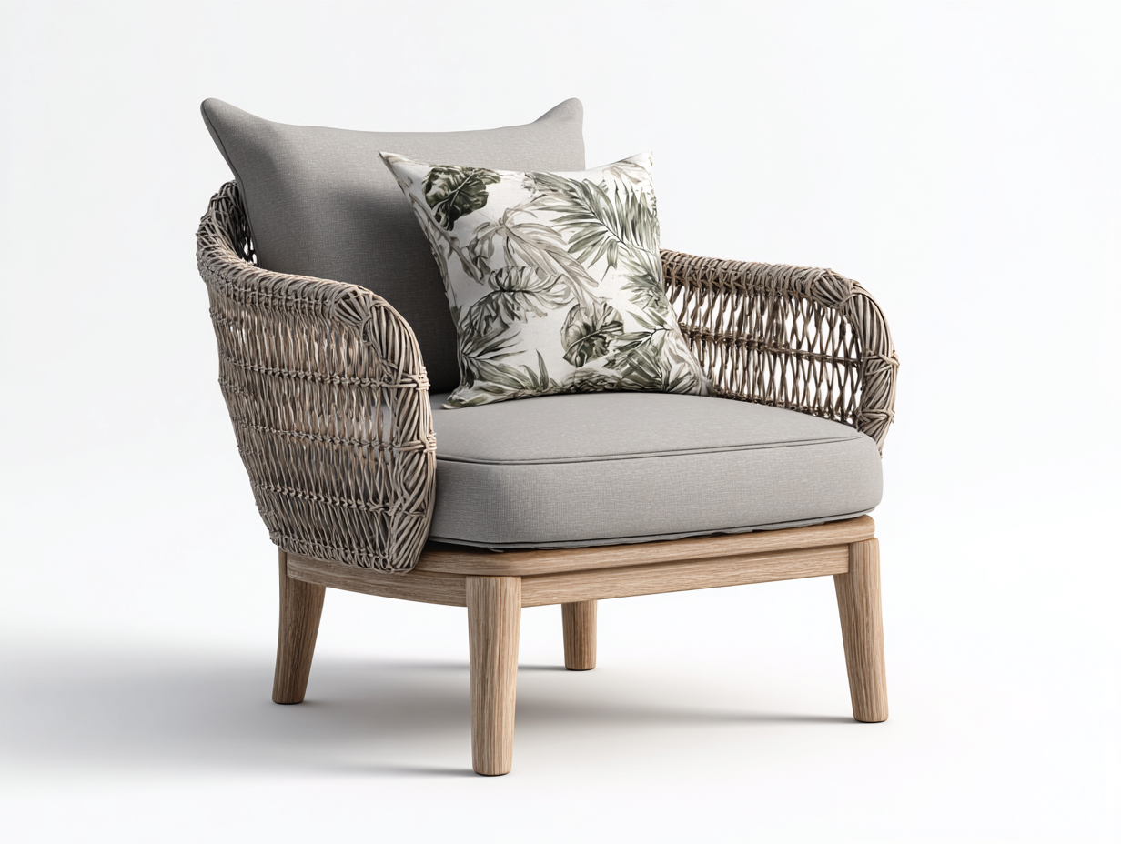 Poltrona da giardino - rattan-legno-tessuto - 88x80x82 cm - Naturale-Grigio - tropicale naturale-Lavoiacasa