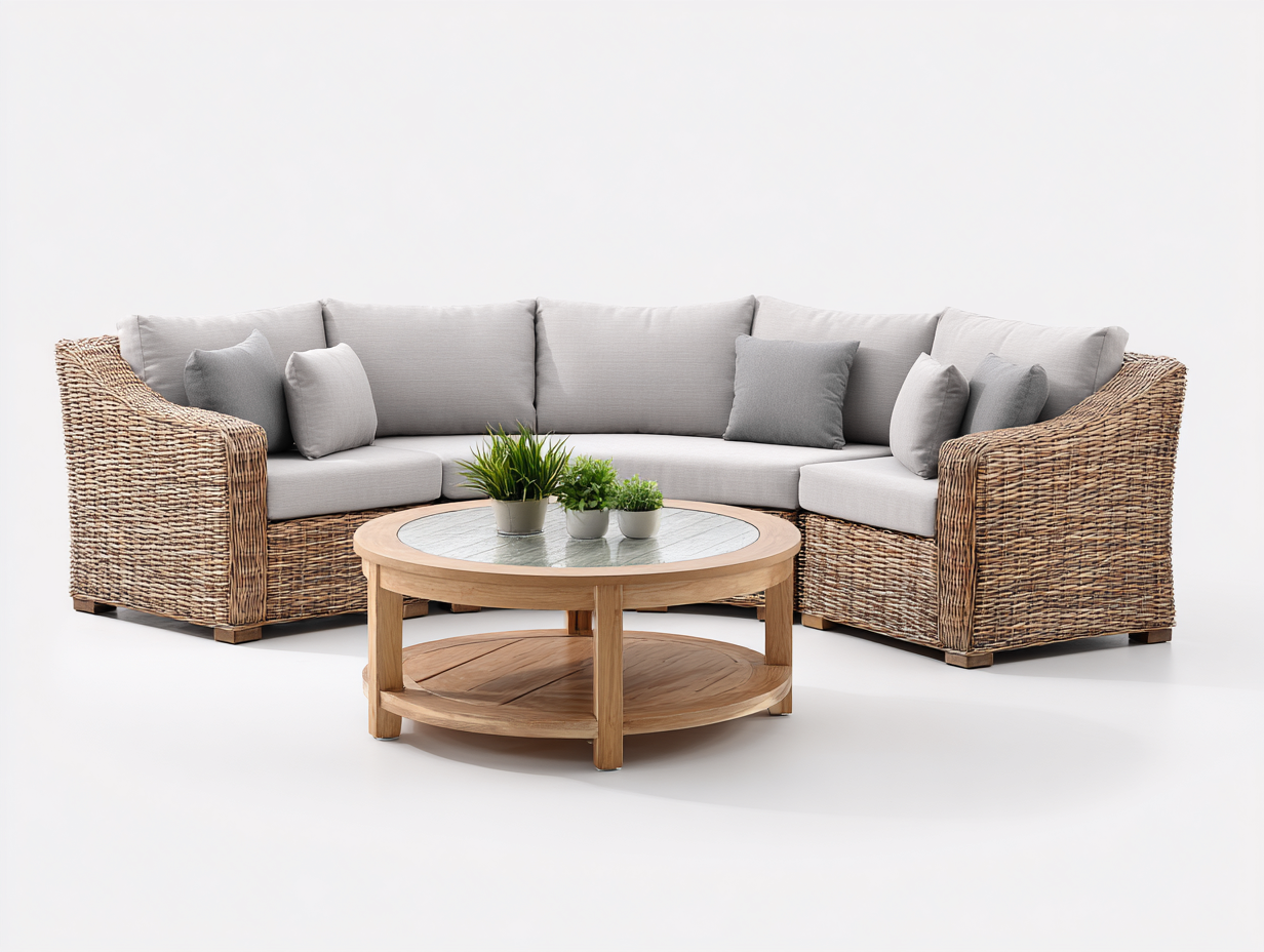 Divani da esterno - rattan-tessuto-vetro-legno - 260x190x78 cm - marrone naturale-grigio chiaro-legno naturale - design naturale-Lavoiacasa