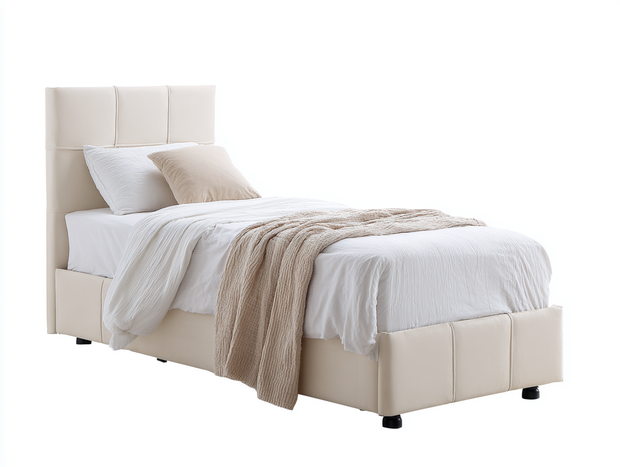 Letto singolo - similpelle-legno - 214x109x120 cm - crema - moderno imbottito-Lavoiacasa