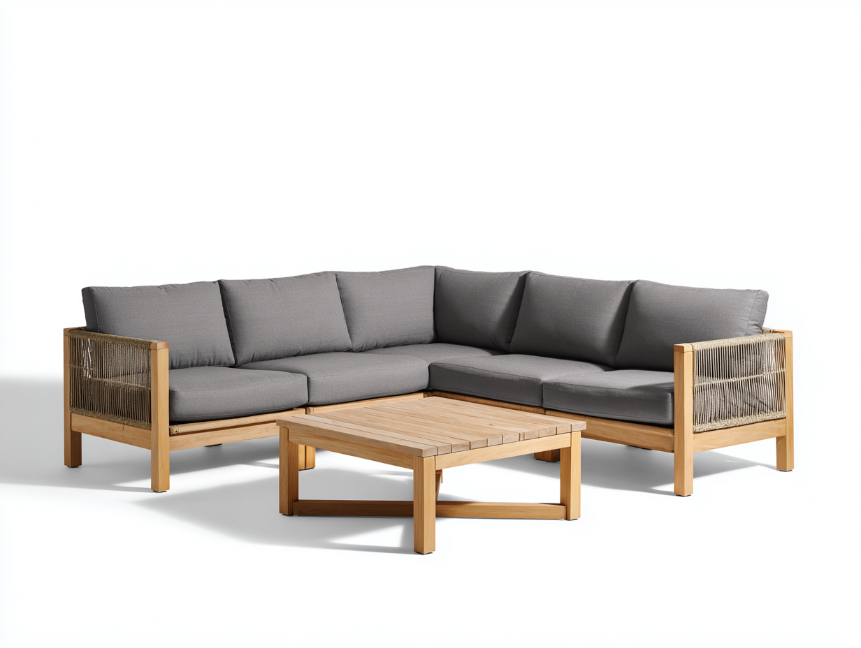 Divani da esterno - legno-corda-tessuto - 232x232x78 cm - legno naturale-grigio - design moderno-Lavoiacasa