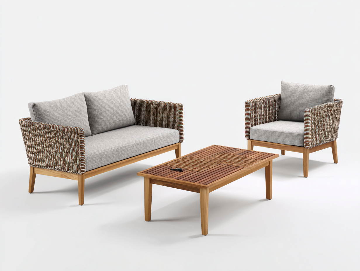 Divani da esterno - legno-corda-tessuto - 198x82x78 cm - legno naturale-grigio-marrone naturale - design moderno-Lavoiacasa