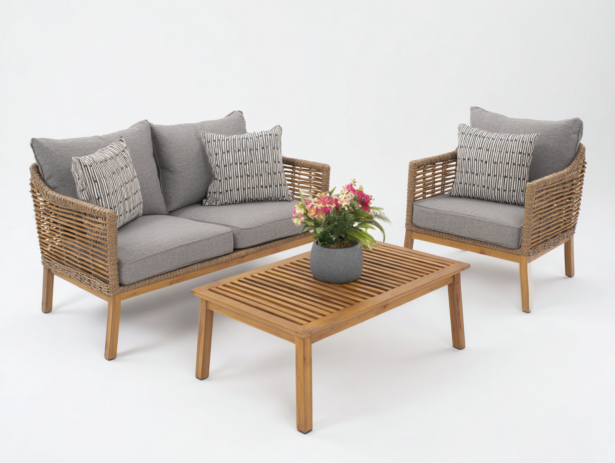 Divani da esterno - legno-rattan-tessuto - 205x82x78 cm - legno naturale-grigio - design naturale-Lavoiacasa