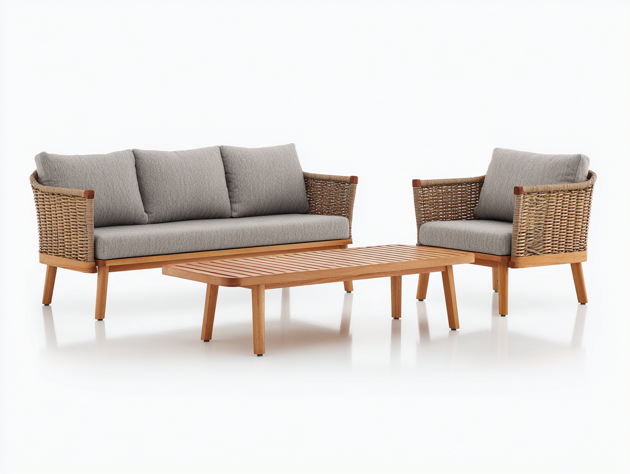 Divani da esterno - legno-rattan-tessuto - 205x82x80 cm - legno naturale-grigio - design moderno-Lavoiacasa