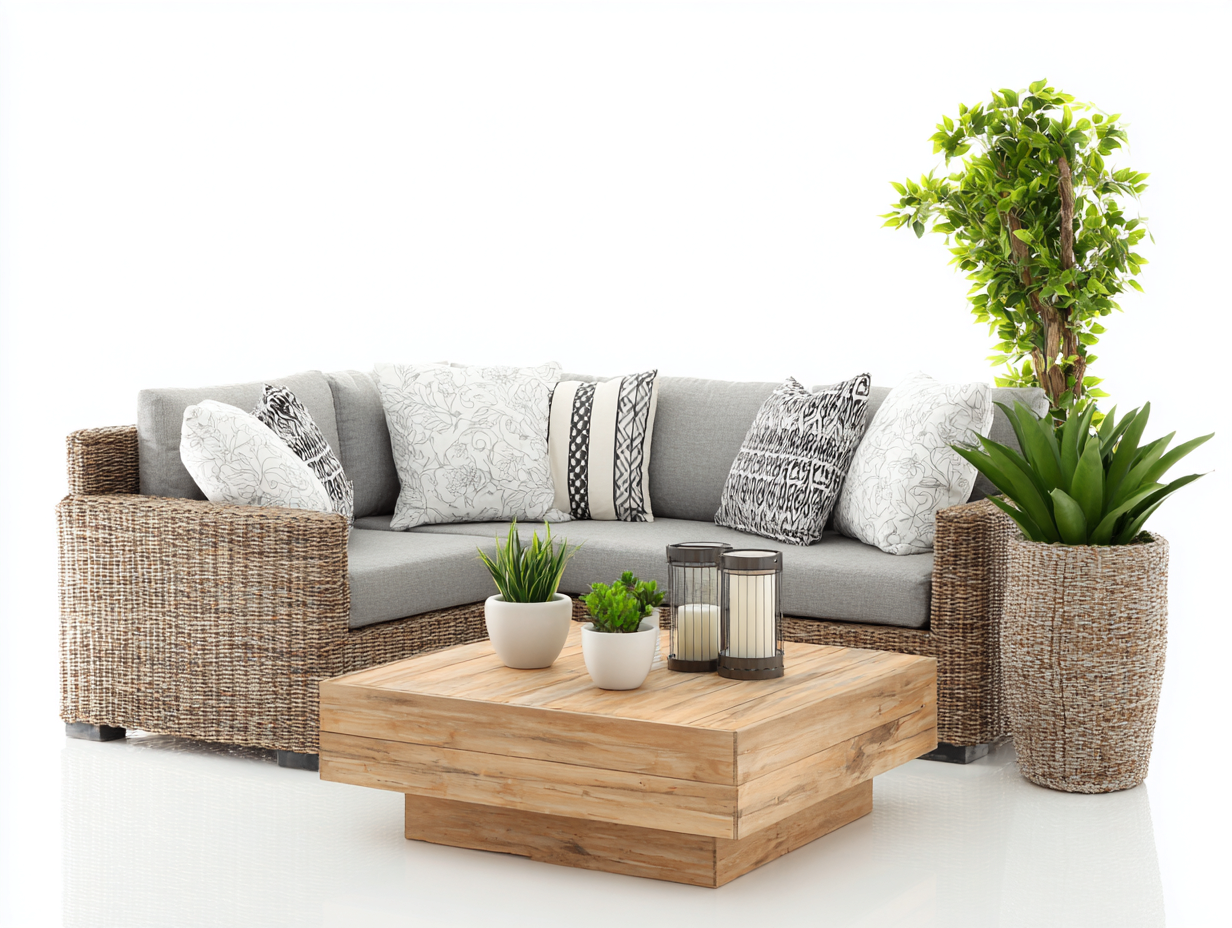 Divani da esterno - rattan-tessuto-legno - 240x180x72 cm - marrone naturale-grigio chiaro - design contemporaneo-Lavoiacasa