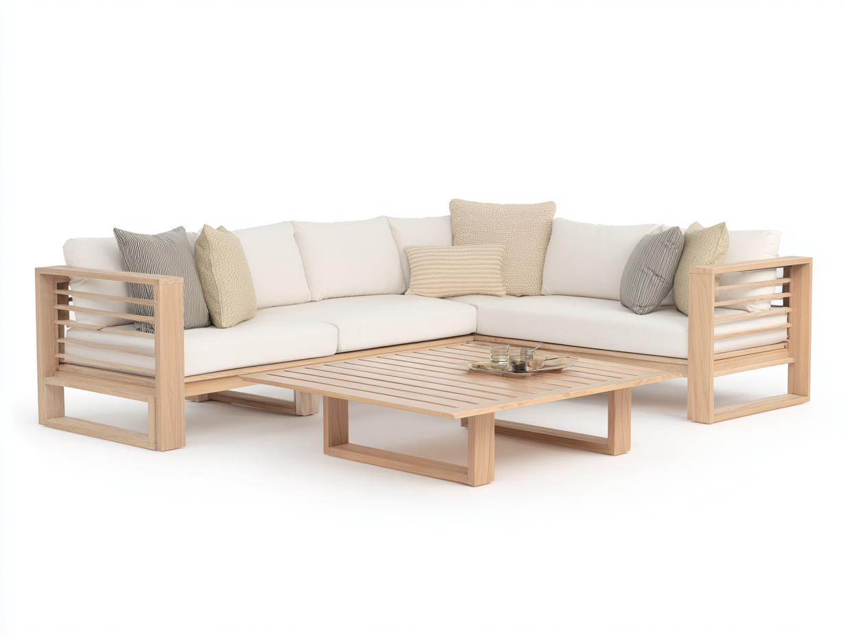 Divani da esterno - legno-tessuto - 255x185x76 cm - legno chiaro-avorio - design moderno-Lavoiacasa