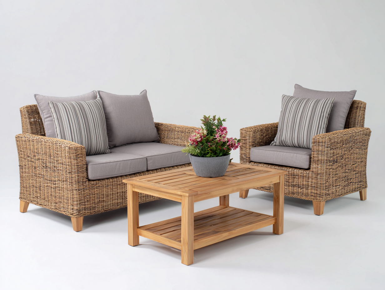 Divani da esterno - rattan-tessuto-legno - 196x84x78 cm - marrone naturale-grigio-legno naturale - design naturale-Lavoiacasa
