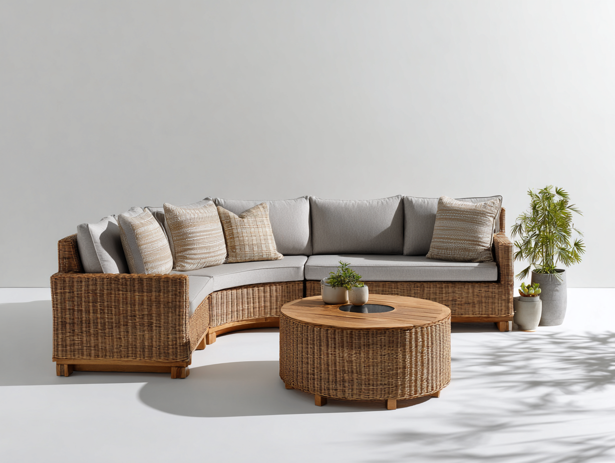 Divani da esterno - rattan-tessuto-legno-vetro - 255x185x78 cm - marrone naturale-grigio chiaro - design naturale-Lavoiacasa