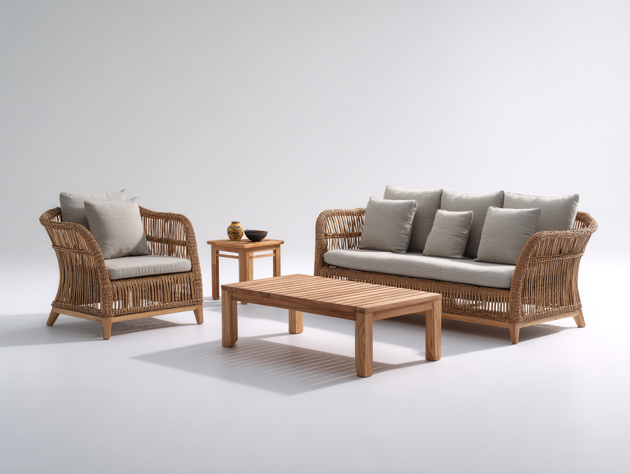 Divani da esterno - rattan-tessuto-legno - 212x86x82 cm - marrone naturale-beige-legno naturale - design boho-Lavoiacasa