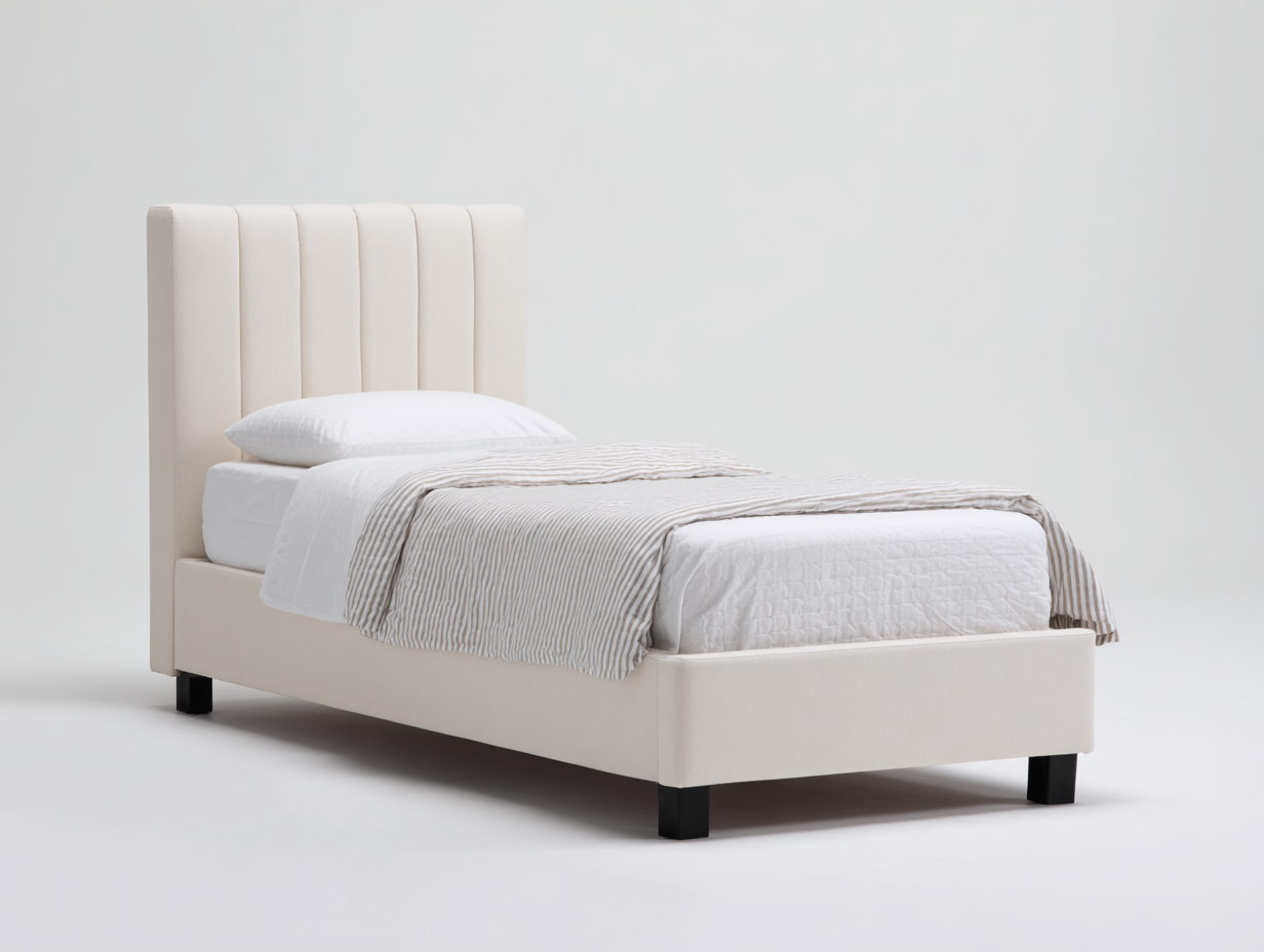 Letto singolo - tessuto-legno - 211x103x119 cm - crema - moderno imbottito-Lavoiacasa
