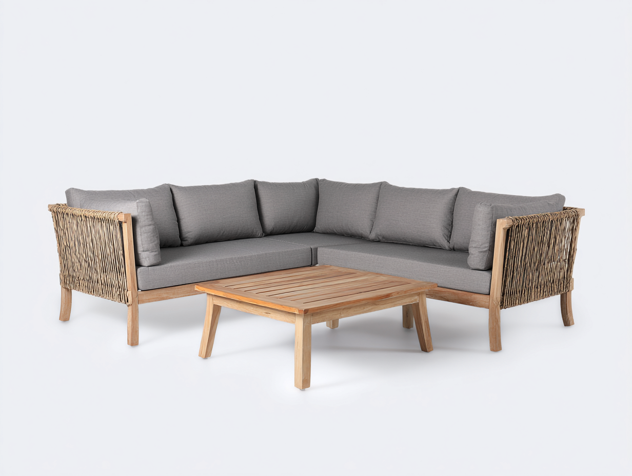 Divani da esterno - legno-rattan-tessuto - 230x230x80 cm - legno naturale-grigio - design naturale-Lavoiacasa