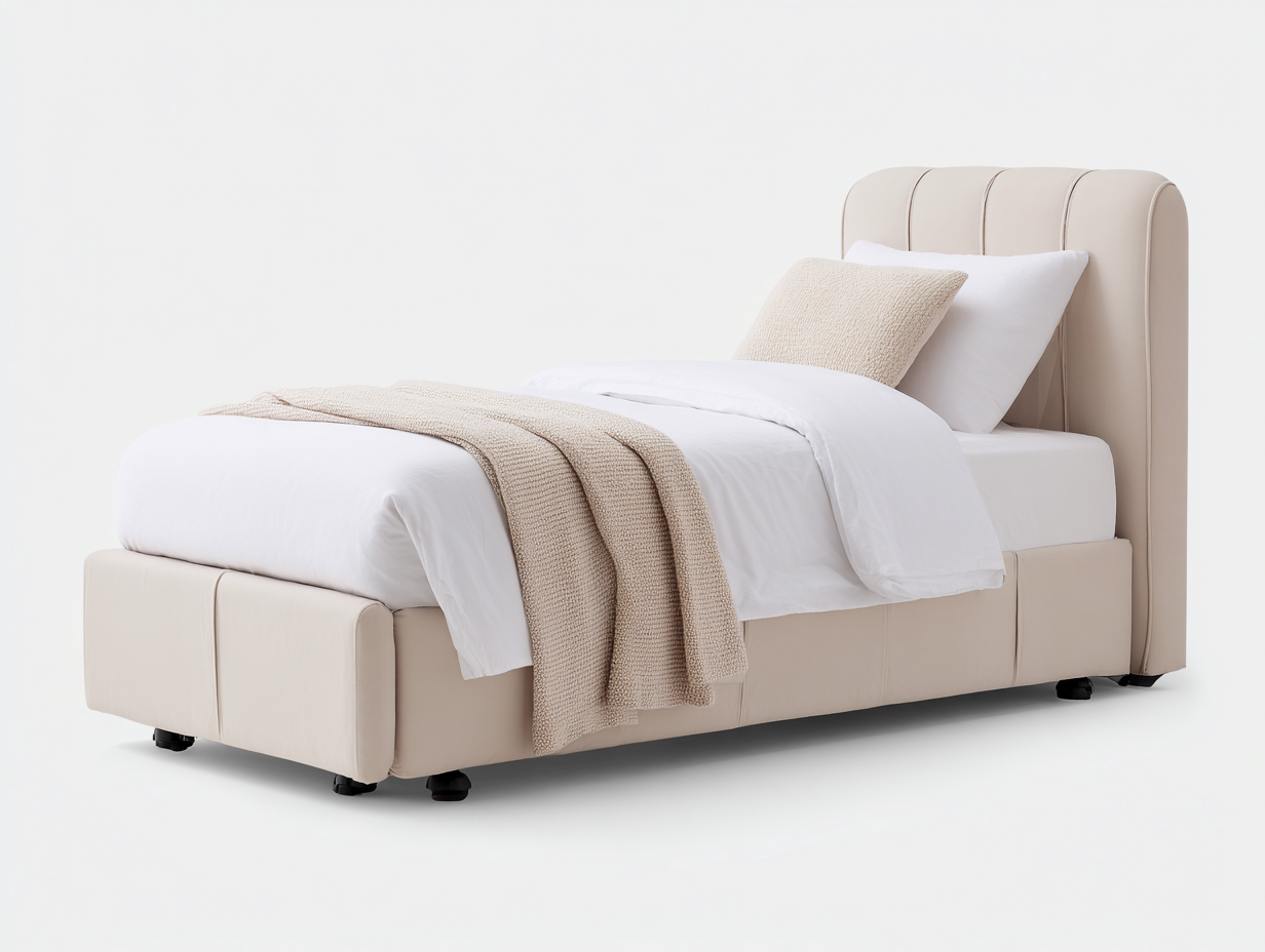 Letto singolo - similpelle-legno - 213x108x118 cm - crema - moderno imbottito-Lavoiacasa