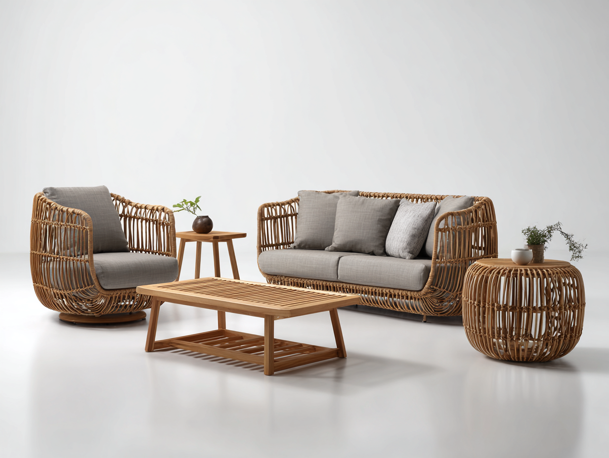Divani da esterno - rattan-tessuto-legno - 210x86x82 cm - marrone naturale-grigio - design boho-Lavoiacasa